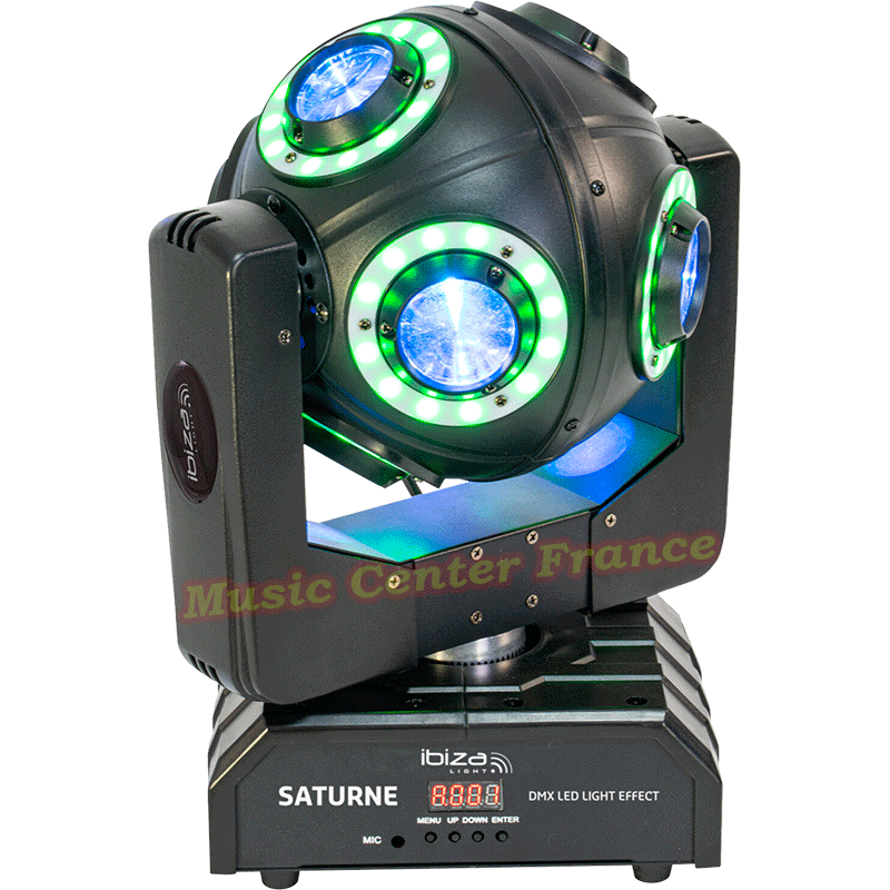 Ibiza Saturne lyre DMX à LED RGBW 4en1 avec 8 anneaux lumineux multicolores vue de face