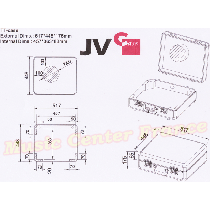 JVCase JV Case TT Case B03206 flightcase pour platine vinyle Audiophony Denon Numark Pioneer Reloop Synq Technics dimensions