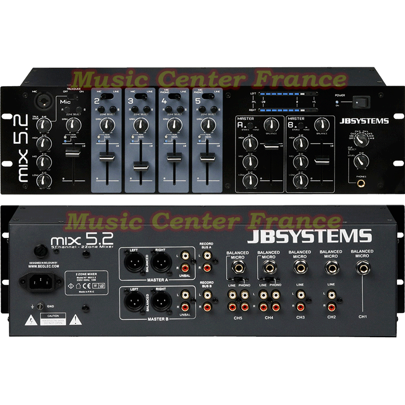 JBSystems MIX 5.2 - JB Systems MIX5.2 table de mixage installation bar hôtel restaurant magasin face dos connectique