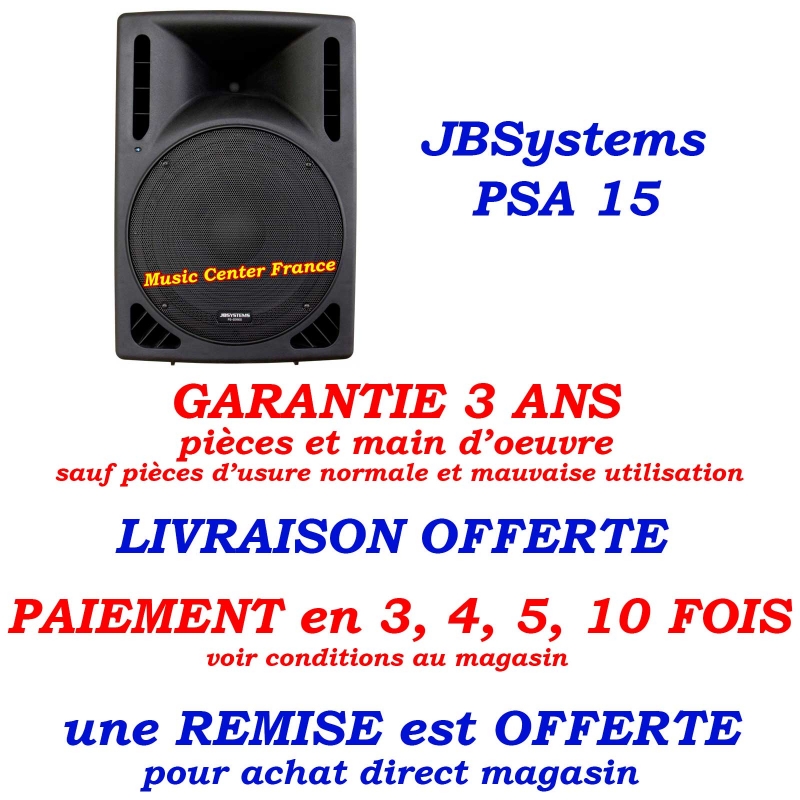 JBSystems JB Systems PSA15 PSA 15 enceinte amplifiée de 38 cm et d'une puissance de 300 w RMS totale - pas cher promo pub