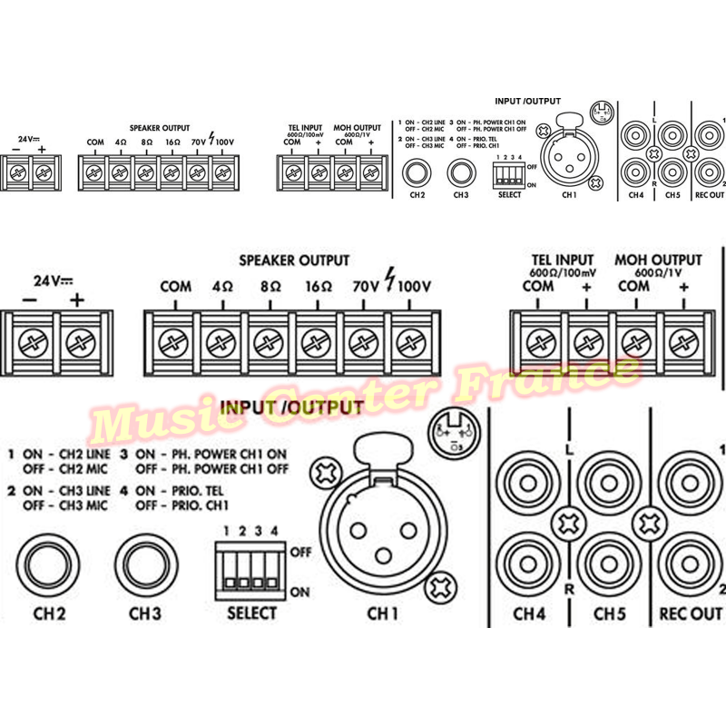 Monacor PA-803 DAP PA803 DAP PA 803 ampli amplificateur 100 v 30 w vue de la connectique