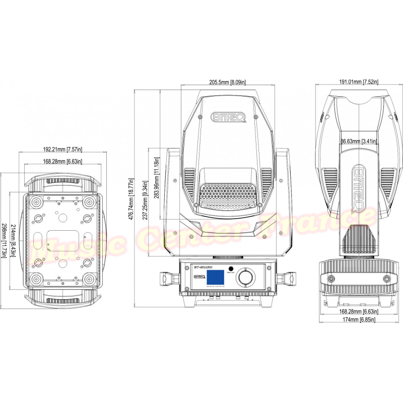 Briteq Shark lyre à led de 200w 200 w code B05535 roue gobos rotatifs roue couleurs vue dimensions